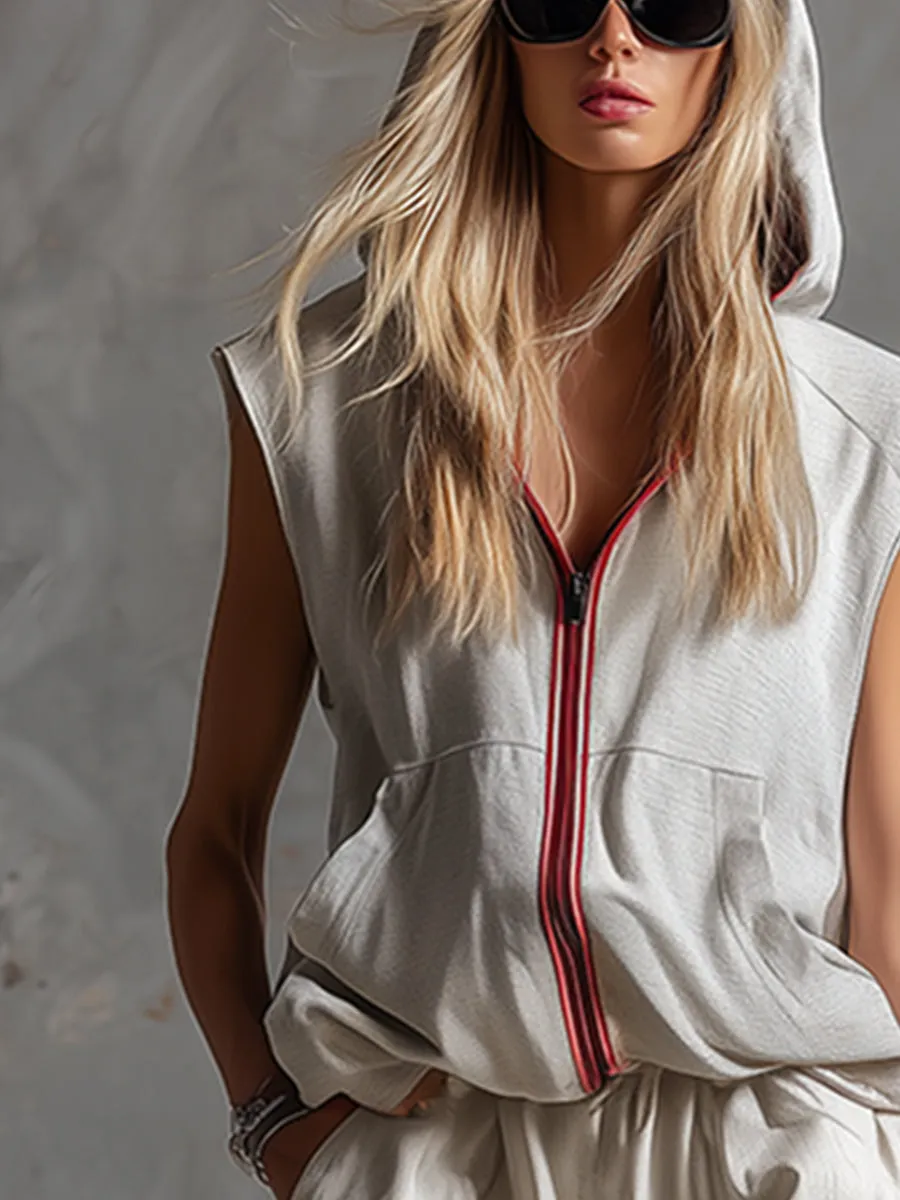 Stylish Sporty Off-white Hooded Sleeveless Top And Wide-leg Pants Set sold by Oyrosy product image thumbnail 3