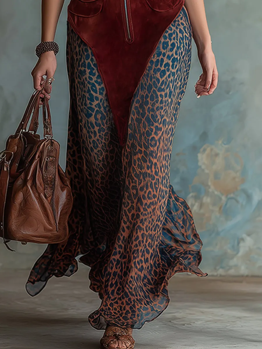 Retro Western Style Red Faux Suede Patchwork Chiffon Printed Sleeveless Maxi Dress sold by Oyrosy product image thumbnail 4