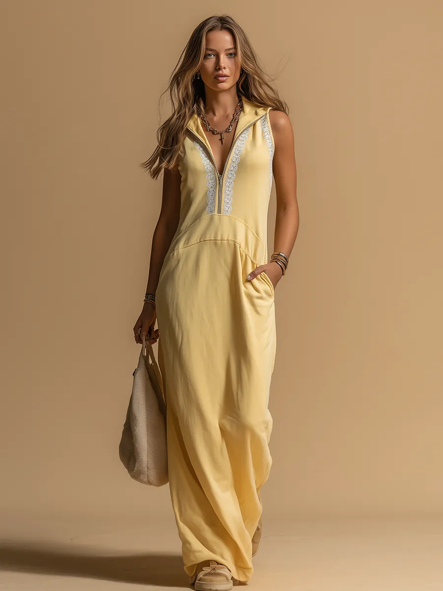 Sporty Comfortable Hooded Lace-trimmed Sleeveless Maxi Dress sold by Oyrosy product image thumbnail 2