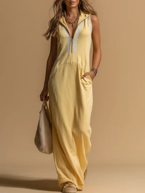 Sporty Comfortable Hooded Lace-trimmed Sleeveless Maxi Dress sold by Oyrosy