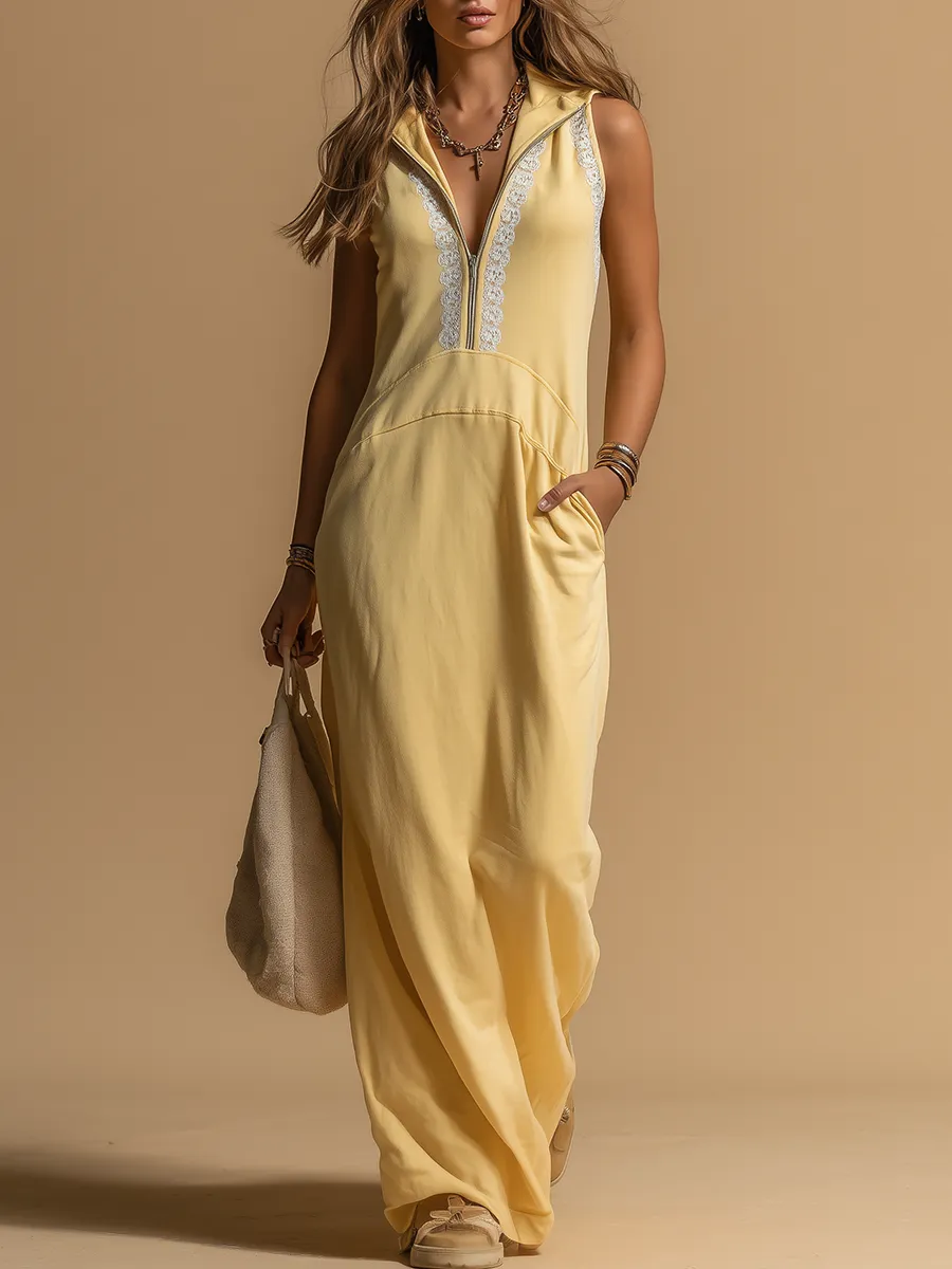 Sporty Comfortable Hooded Lace-trimmed Sleeveless Maxi Dress sold by Oyrosy