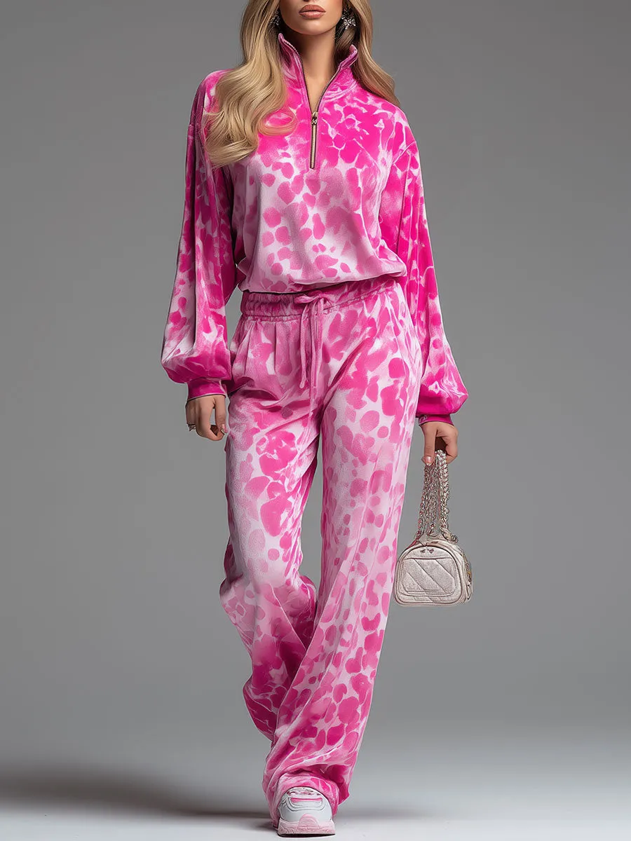 Stylish And Casual Pink Velvet Printed Top And Pants Set sold by Oyrosy