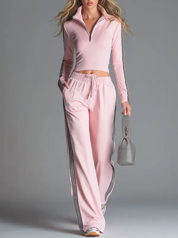 Fashionable Sporty Collared Pink Long-sleeved Zip-up Top And Pants Set sold by Oyrosy