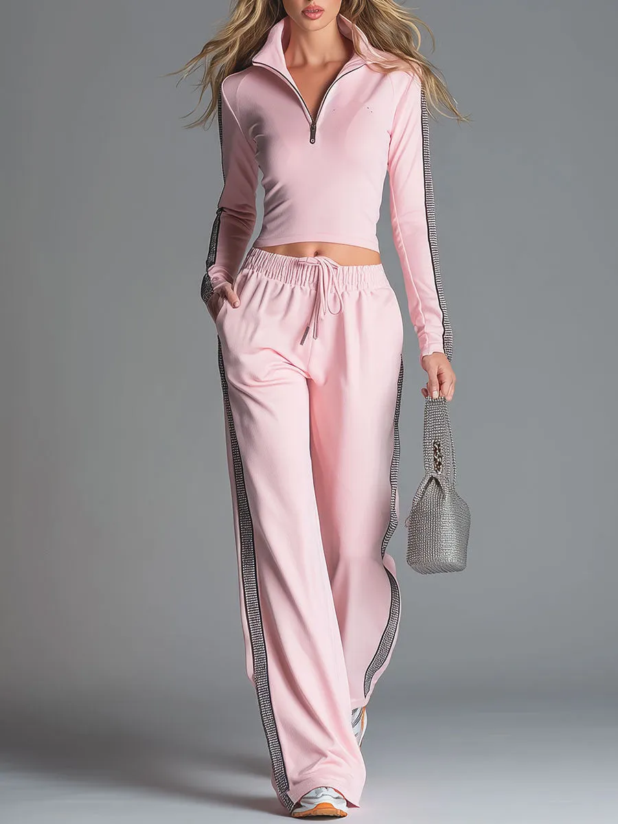 Fashionable Sporty Collared Pink Long-sleeved Zip-up Top And Pants Set sold by Oyrosy