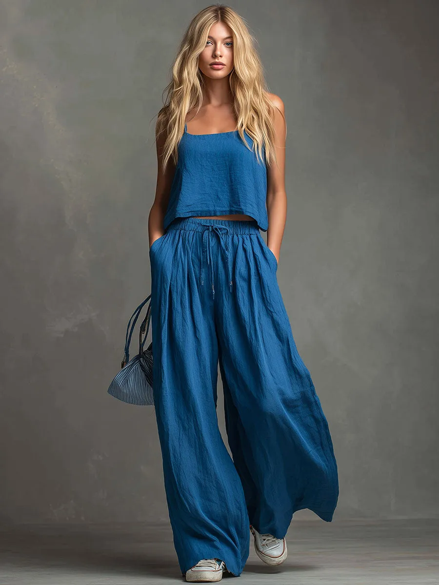 Casual And Stylish Blue Cotton Linen Camisole And Pants Set sold by Oyrosy product image thumbnail 2