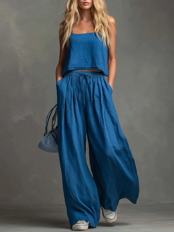 Casual And Stylish Blue Cotton Linen Camisole And Pants Set sold by Oyrosy