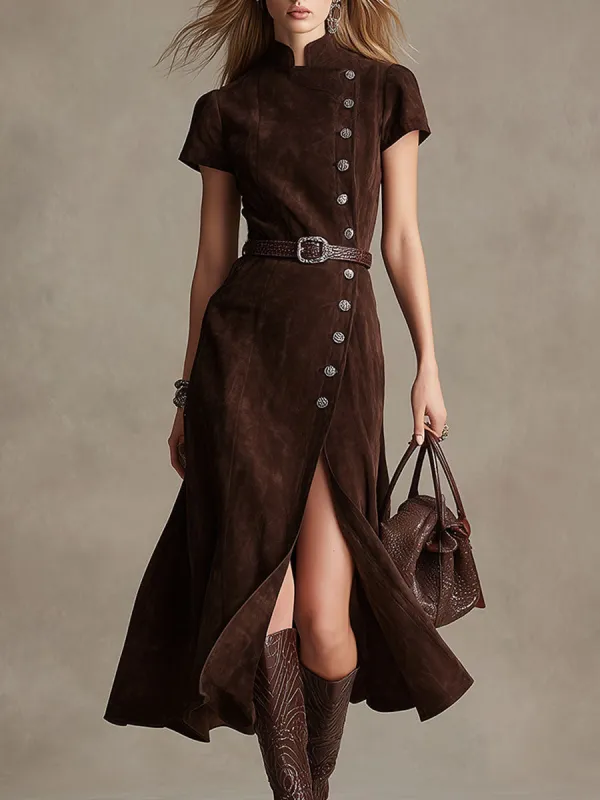 Retro-elegant Brown Stand-collar Short-sleeved Faux Suede Midi Dress sold by Oyrosy