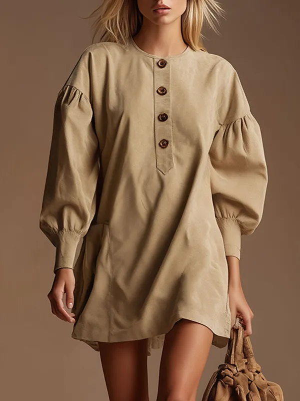 Casual Retro Khaki Round Neck Faux Suede Mini Dress sold by Oyrosy