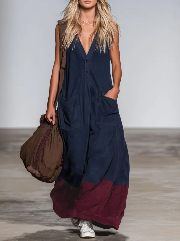 Western Style V-neck Double Pocket Color-blocked Faux Suede Sleeveless Maxi Dress sold by Oyrosy