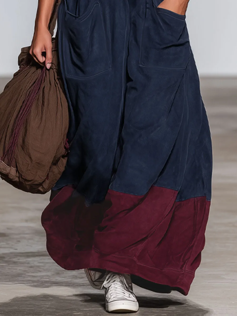 Western Style V-neck Double Pocket Color-blocked Faux Suede Sleeveless Maxi Dress sold by Oyrosy product image thumbnail 3