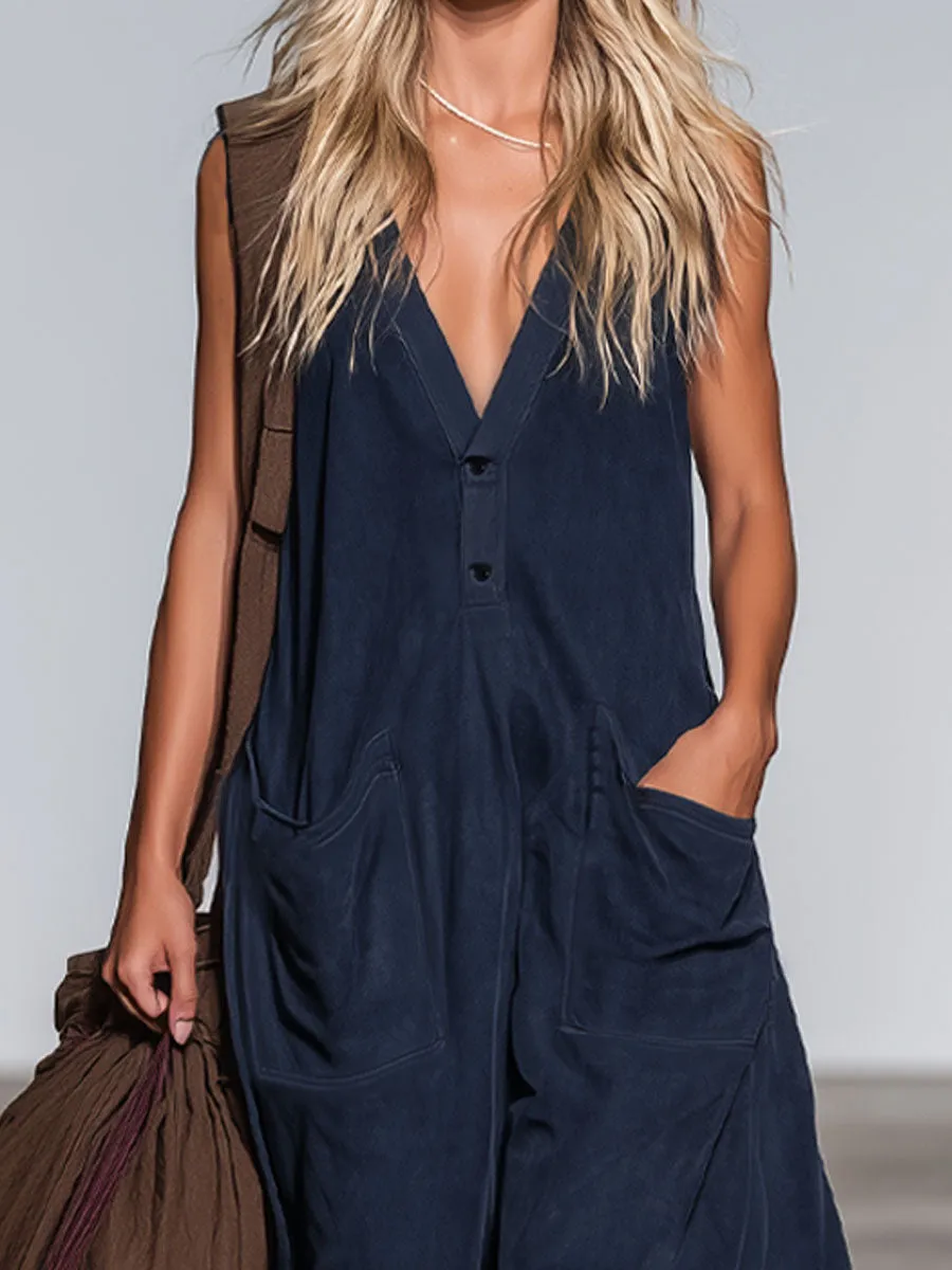 Western Style V-neck Double Pocket Color-blocked Faux Suede Sleeveless Maxi Dress sold by Oyrosy product image thumbnail 2