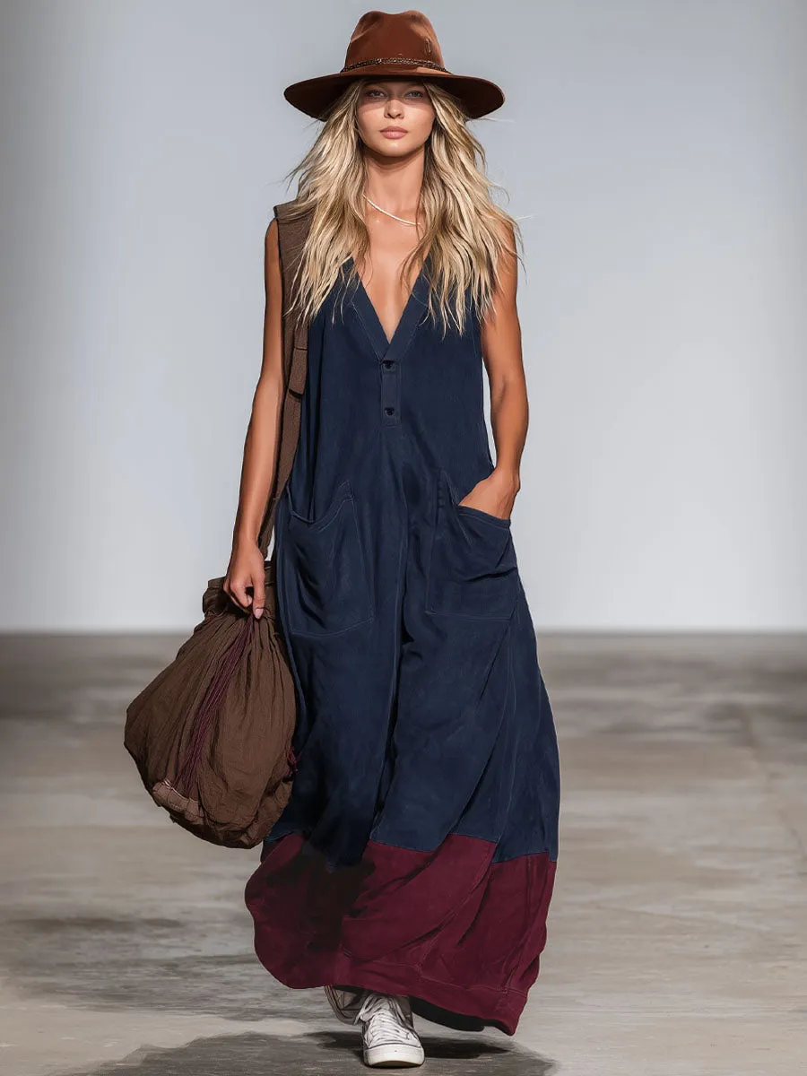 Western Style V-neck Double Pocket Color-blocked Faux Suede Sleeveless Maxi Dress sold by Oyrosy product image thumbnail 4