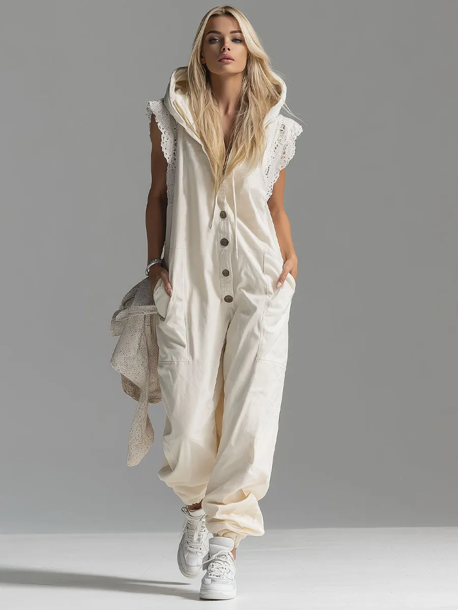 Hooded Lace-trimmed Double-pocket Sleeveless Jumpsuit sold by Oyrosy product image thumbnail 4