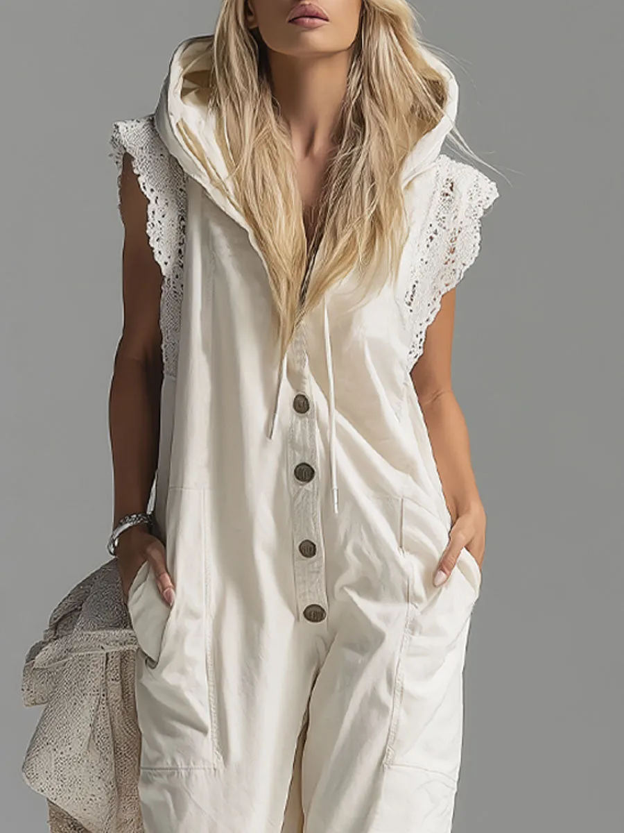 Hooded Lace-trimmed Double-pocket Sleeveless Jumpsuit sold by Oyrosy product image thumbnail 2