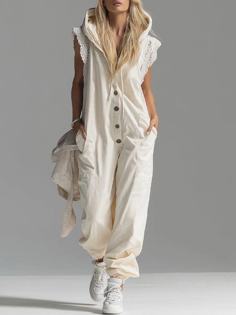 Hooded Lace-trimmed Double-pocket Sleeveless Jumpsuit sold by Oyrosy