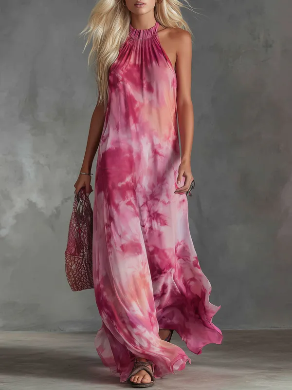 Halter-neck Tie-dye Print Chiffon Sleeveless Maxi Dress sold by Oyrosy