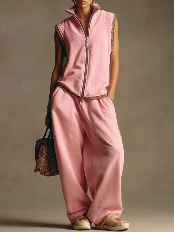 Sporty Retro Webbing Trim Pink Cotton Blend Sleeveless Vest Wide-Leg Pants Set sold by Oyrosy