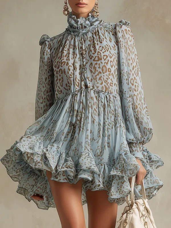 Vacation Retro Leopard Print Light Blue Chiffon Long-Sleeved Ruffle Mini Dress sold by Oyrosy