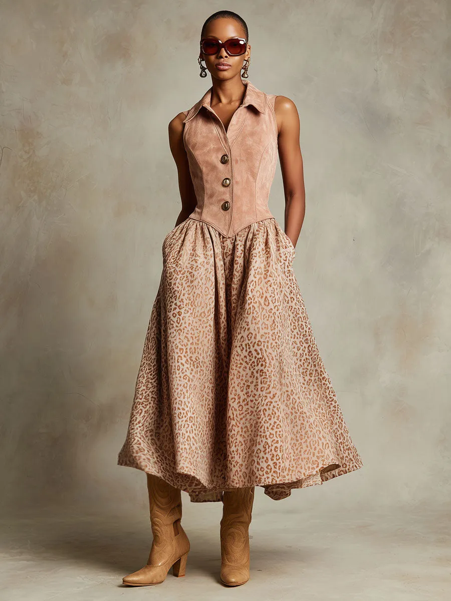 Western Retro Sleeveless Pink Faux Suede Leopard Print Midi Dress sold by Oyrosy product image thumbnail 2