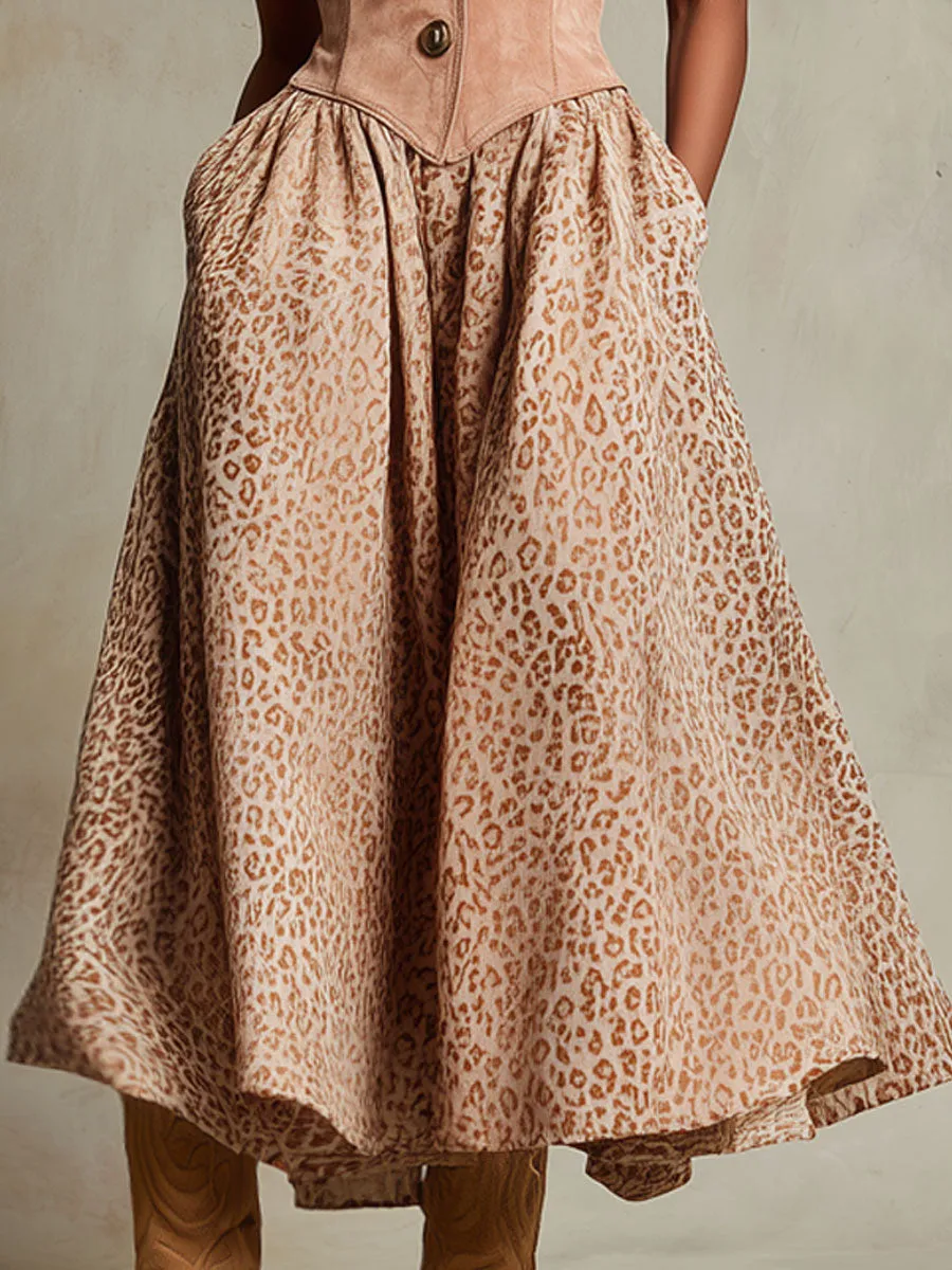 Western Retro Sleeveless Pink Faux Suede Leopard Print Midi Dress sold by Oyrosy product image thumbnail 4