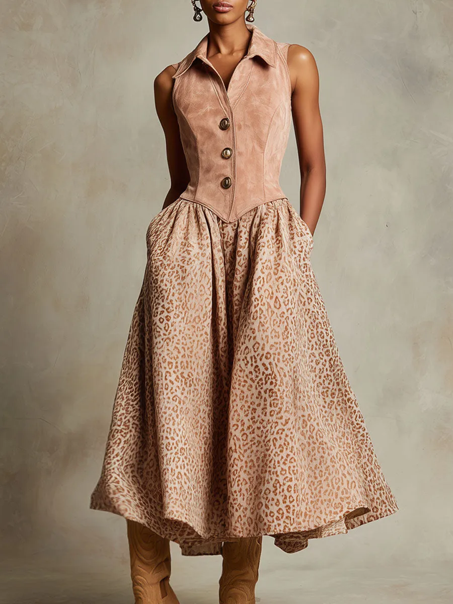Western Retro Sleeveless Pink Faux Suede Leopard Print Midi Dress sold by Oyrosy