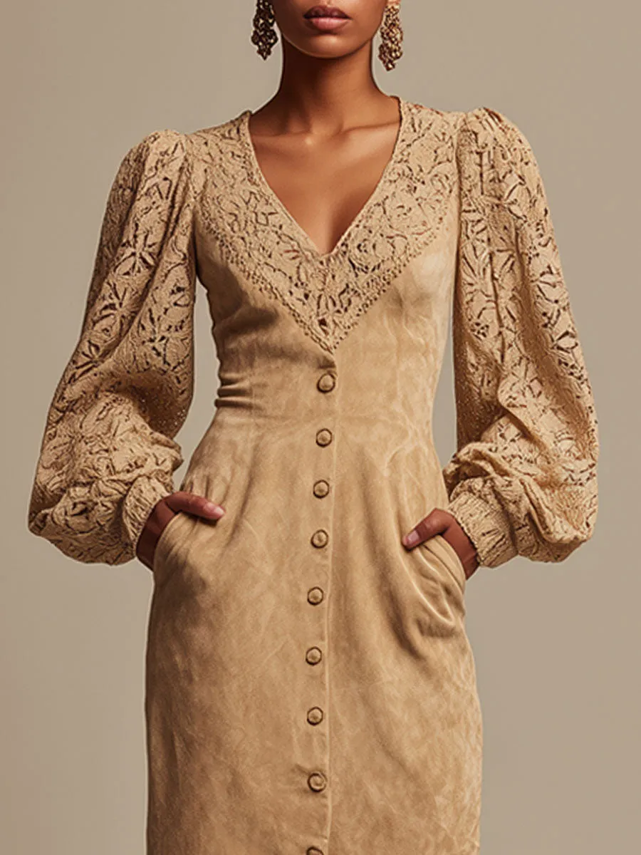 Western-style Retro Lace Long-sleeved Camel Faux Suede Midi Dress sold by Oyrosy product image thumbnail 3