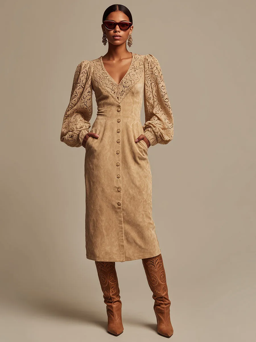 Western-style Retro Lace Long-sleeved Camel Faux Suede Midi Dress sold by Oyrosy product image thumbnail 2