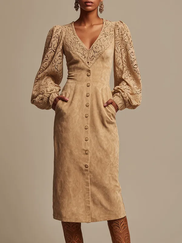 Western-style Retro Lace Long-sleeved Camel Faux Suede Midi Dress sold by Oyrosy