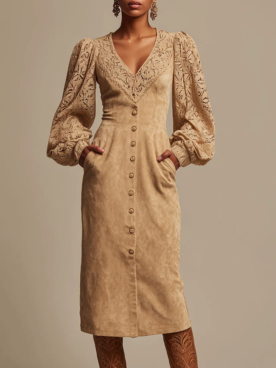 Western-style Retro Lace Long-sleeved Camel Faux Suede Midi Dress sold by Oyrosy