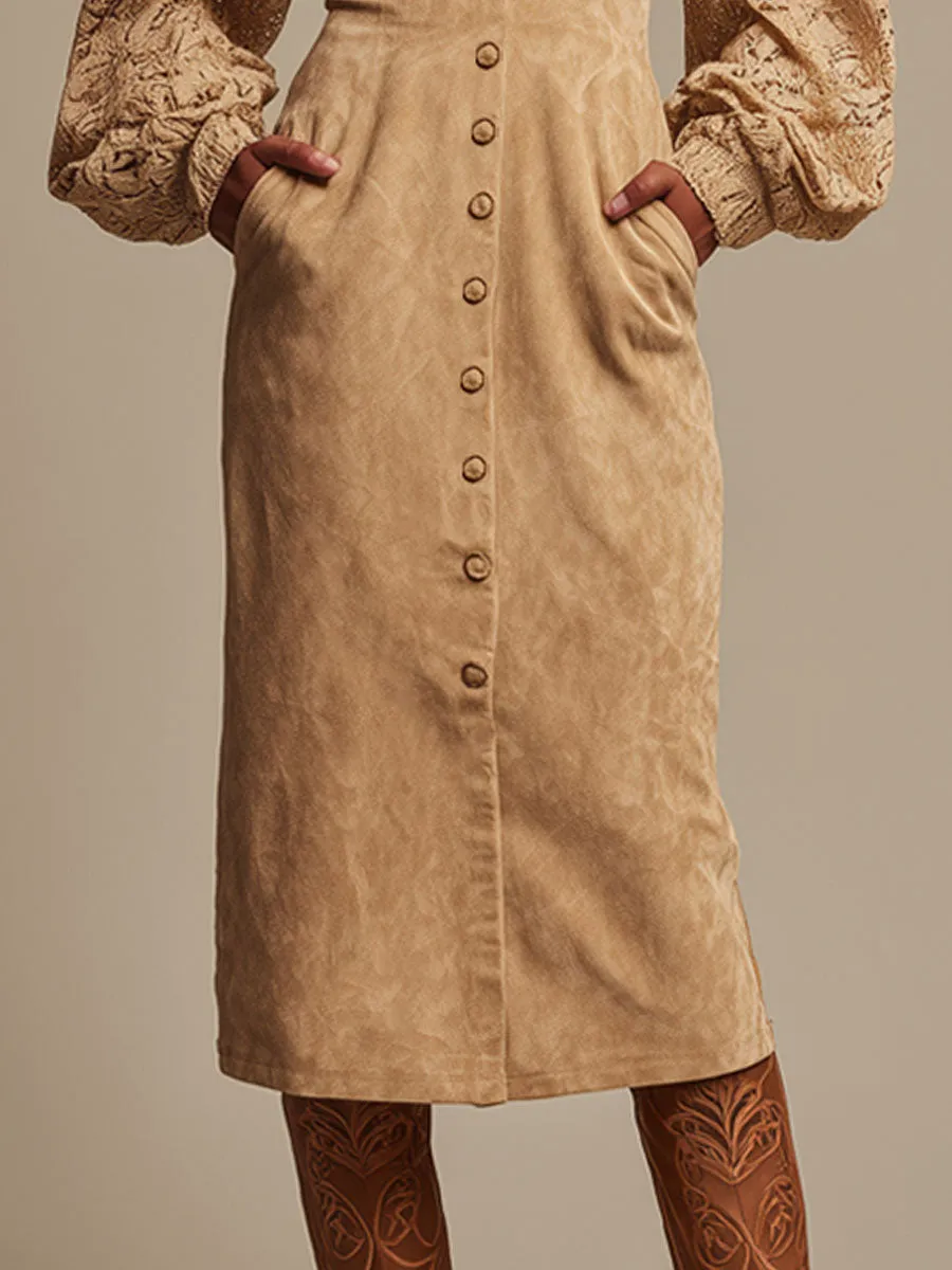 Western-style Retro Lace Long-sleeved Camel Faux Suede Midi Dress sold by Oyrosy product image thumbnail 4