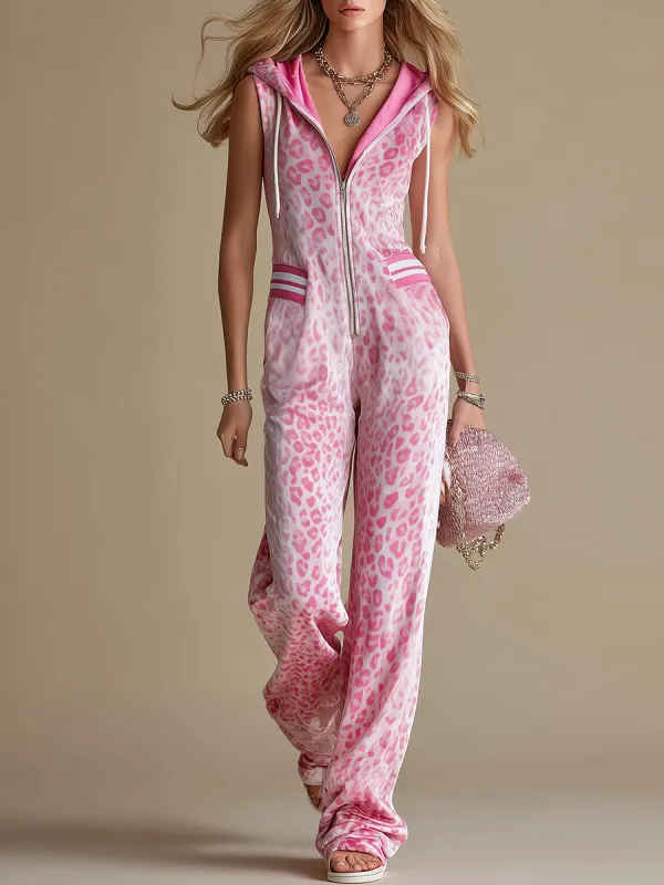 Sporty Casual Leopard Print Velvet Hooded Jumpsuit sold by Oyrosy