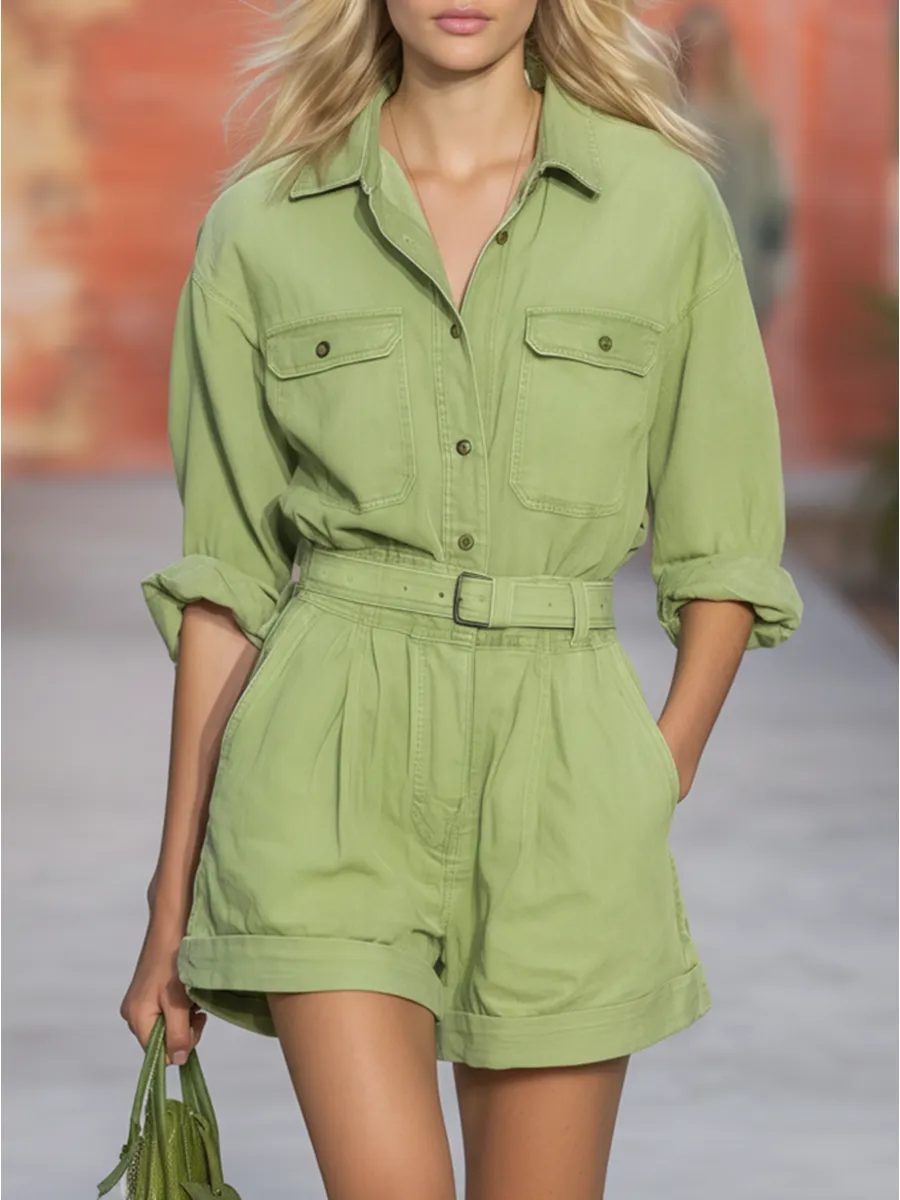 Stylish And Relaxed Collared Long-sleeved Shirt And Denim Shorts Set sold by Oyrosy