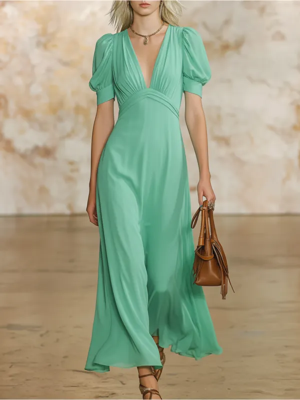 Relaxed And Comfortable V-neck Puff Sleeve Chiffon Maxi Dress sold by Oyrosy