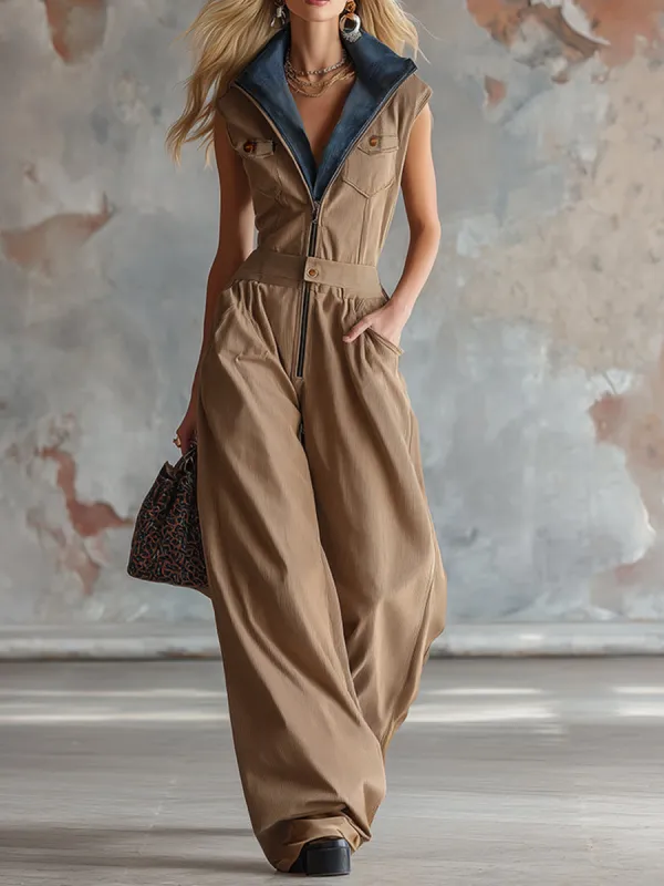Stylish And Unique Color-blocked Neckline Khaki Cotton Sleeveless Jumpsuit sold by Oyrosy