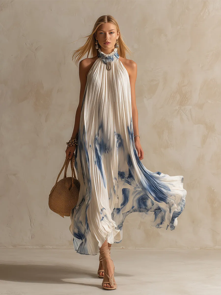 Elegant And Romantic Contrasting Color Printed White Pleated Chiffon Halter Neck Maxi Dress sold by Oyrosy product image thumbnail 2