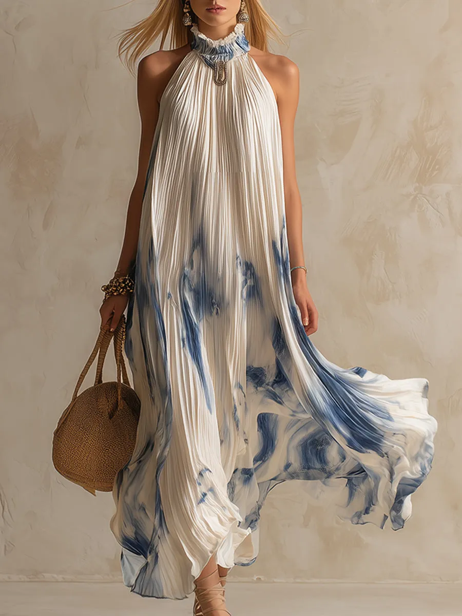 Elegant And Romantic Contrasting Color Printed White Pleated Chiffon Halter Neck Maxi Dress sold by Oyrosy