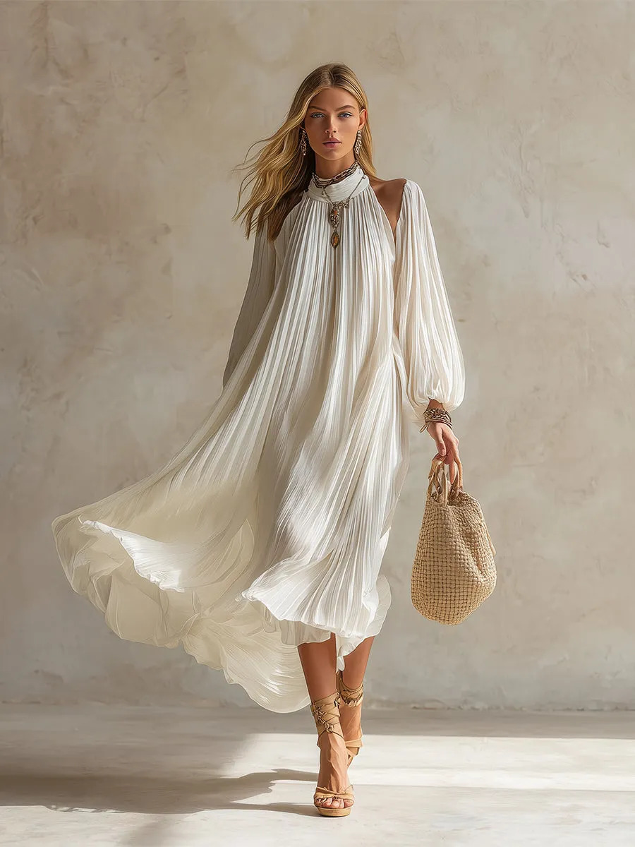 Elegant White Chiffon Pleated Off-the-shoulder Long-sleeved Midi Dress sold by Oyrosy product image thumbnail 2