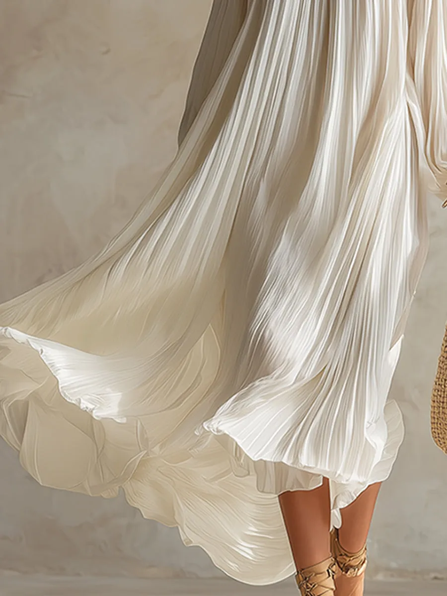 Elegant White Chiffon Pleated Off-the-shoulder Long-sleeved Midi Dress sold by Oyrosy product image thumbnail 4
