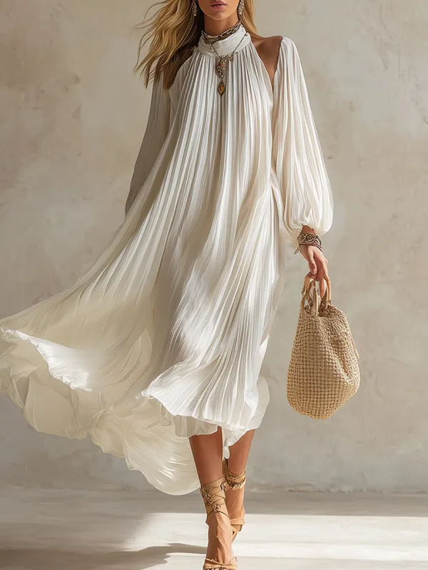 Elegant White Chiffon Pleated Off-the-shoulder Long-sleeved Midi Dress made by Oyrosy