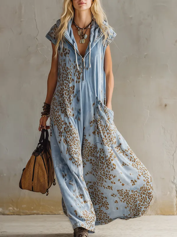 Stylish Urban Leopard Print Sky Blue Velvet Hooded Maxi Dress sold by Oyrosy