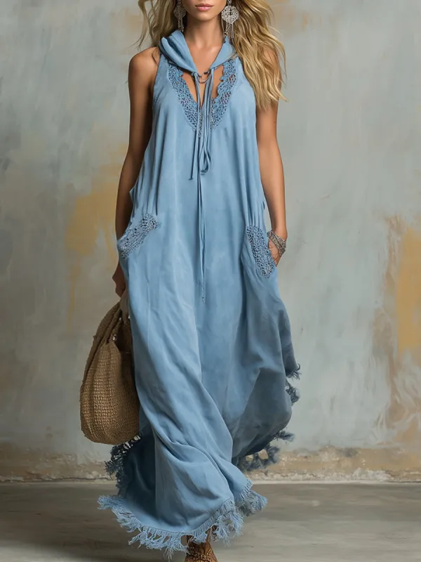 Elegant And Sporty Tassel Trim Light Blue Hooded Cotton Maxi Dress sold by Oyrosy