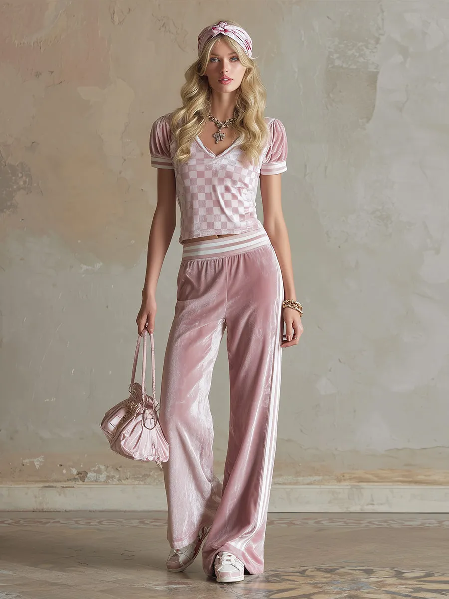 Stylish And Sporty Pink Checkered Print T-shirt And Wide-leg Pants Set sold by Oyrosy product image thumbnail 2