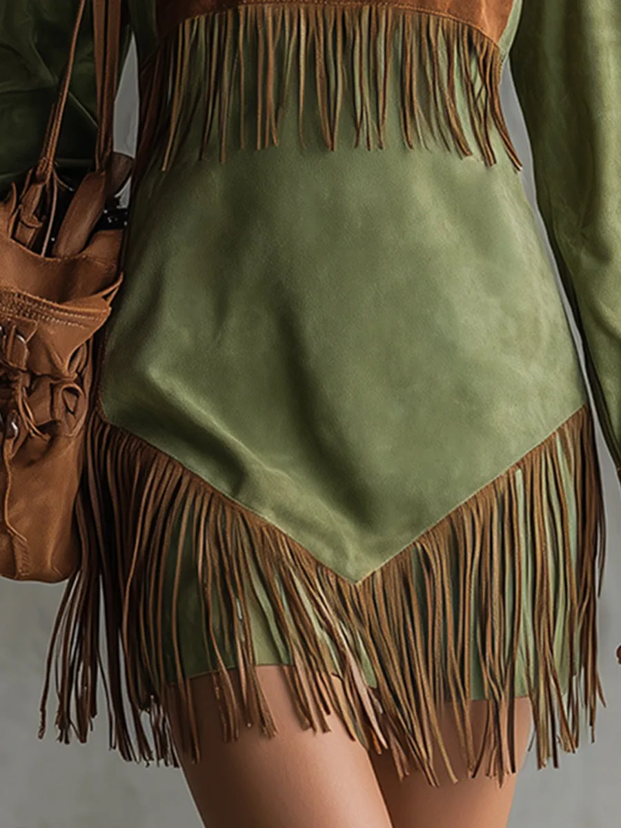 Retro Western-style Fringed Color-block Faux Suede Mini Dress sold by Oyrosy product image thumbnail 4