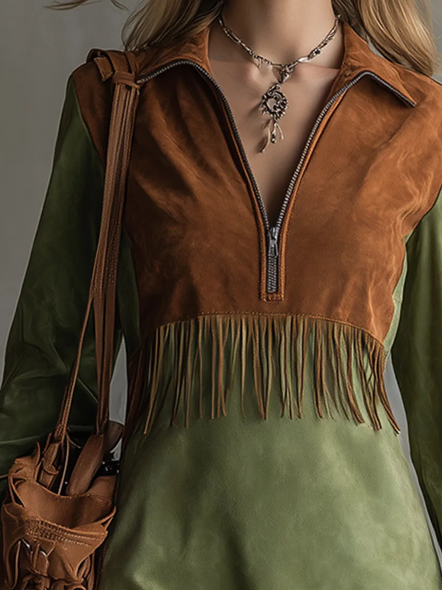 Retro Western-style Fringed Color-block Faux Suede Mini Dress sold by Oyrosy product image thumbnail 3
