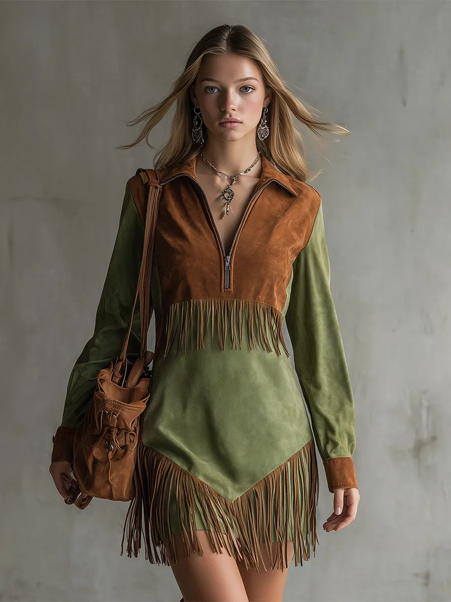 Retro Western-style Fringed Color-block Faux Suede Mini Dress sold by Oyrosy product image thumbnail 2