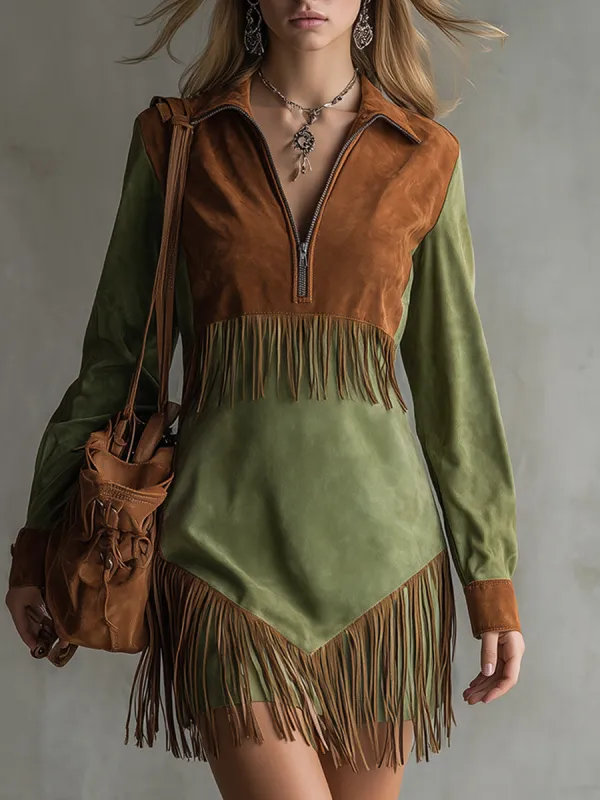 Retro Western-style Fringed Color-block Faux Suede Mini Dress sold by Oyrosy