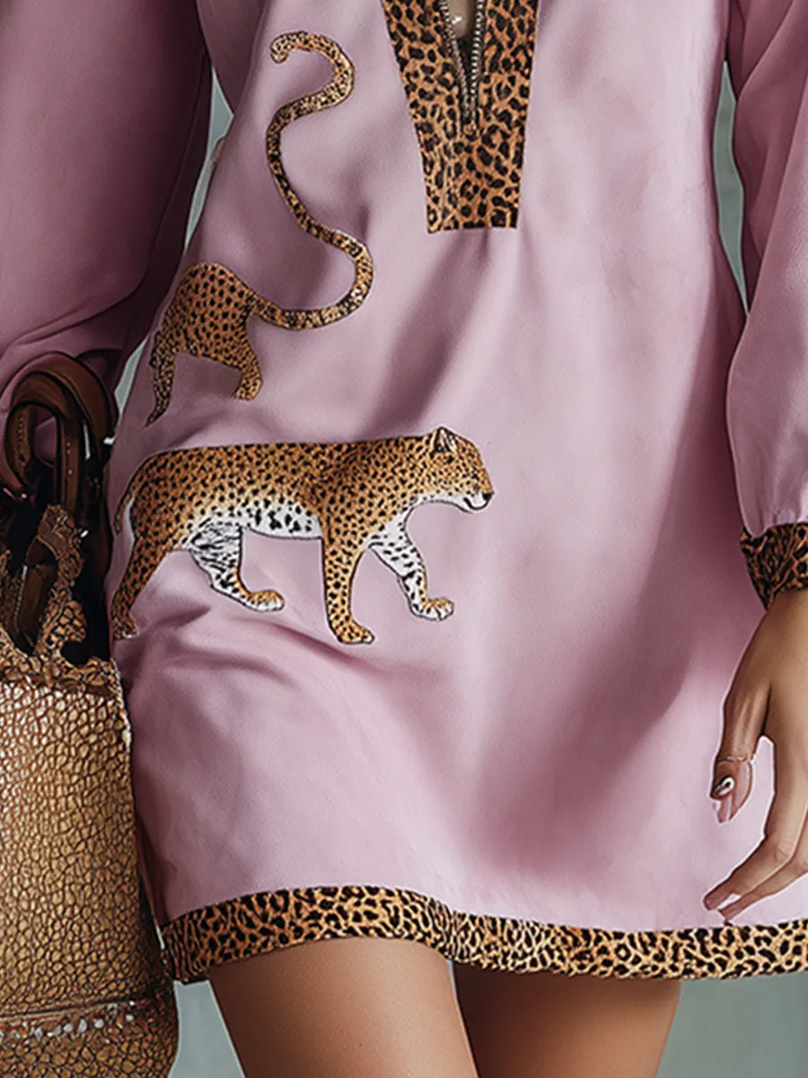 Stylish Western-style Leopard Print Pink Faux Suede Mini Dress sold by Oyrosy product image thumbnail 4