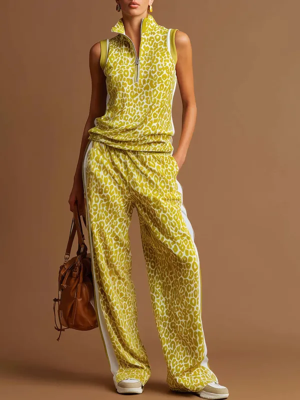 Sporty Retro Yellow Leopard Print Velvet Half-Zip Sleeveless Top And Wide-Leg Pants Set sold by Oyrosy