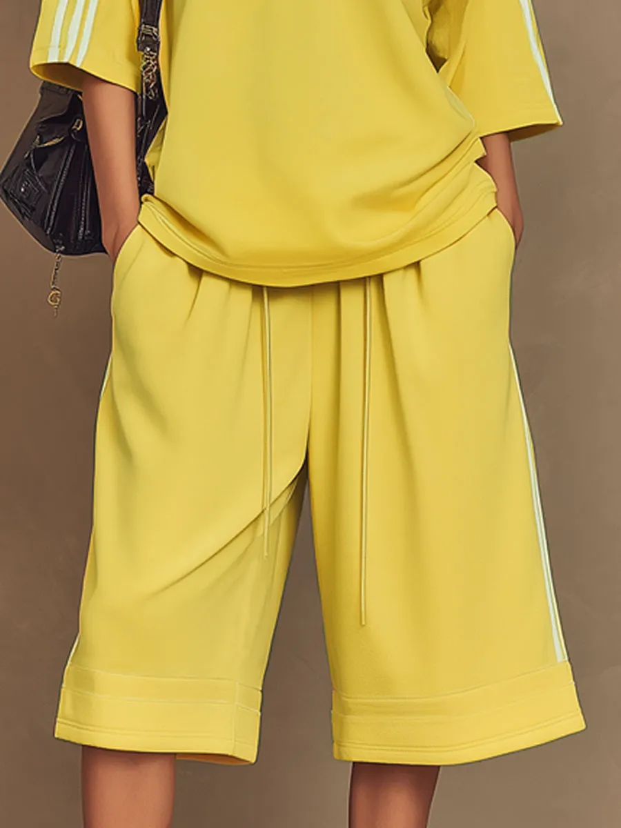 Sporty Retro Yellow Ribbon Crew Neck Short-Sleeve T-Shirt And Shorts Set sold by Oyrosy product image thumbnail 4