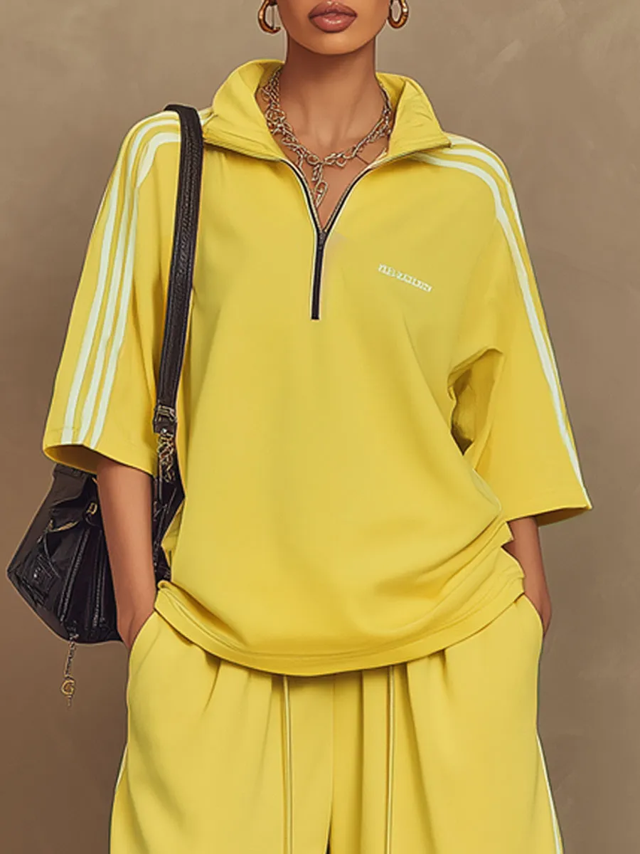 Sporty Retro Yellow Ribbon Crew Neck Short-Sleeve T-Shirt And Shorts Set sold by Oyrosy product image thumbnail 3